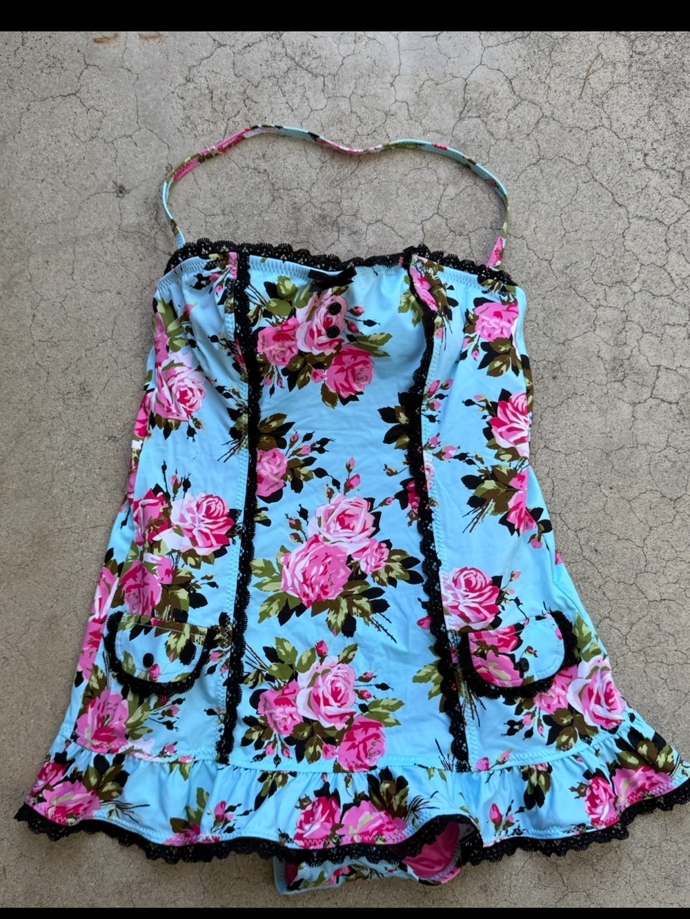 Betsey Johnson Swimsuit Dress Gypsy Rose blue Pink floral Ruffle retro pinup S - Picture 8 of 8